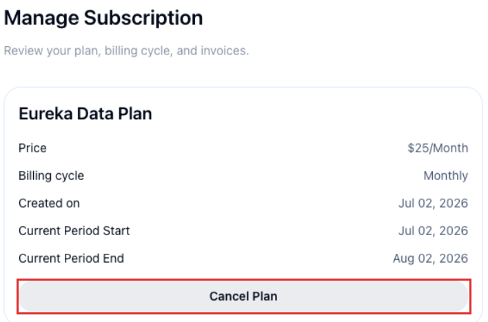 Eureka Manage Subscription page with the Cancel Plan button outlined in red